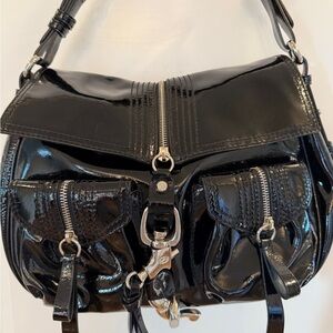 Francesco Biasia Patent Leather & Suede Satchel W/Unique Silver Hardware Closure